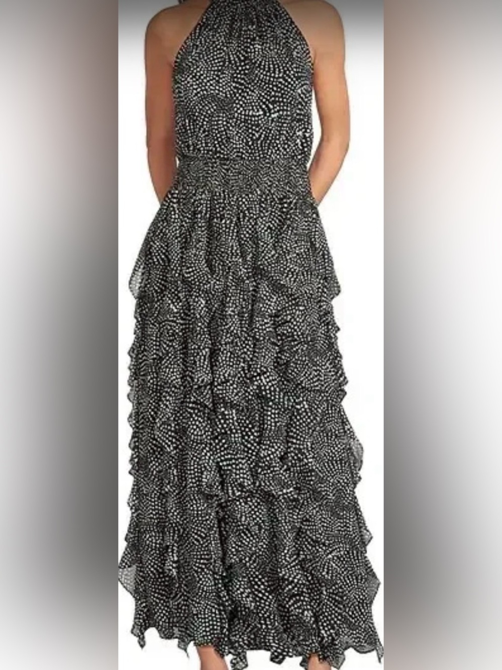 1. State Black and White Ruffled Halter Maxi Dress: Small